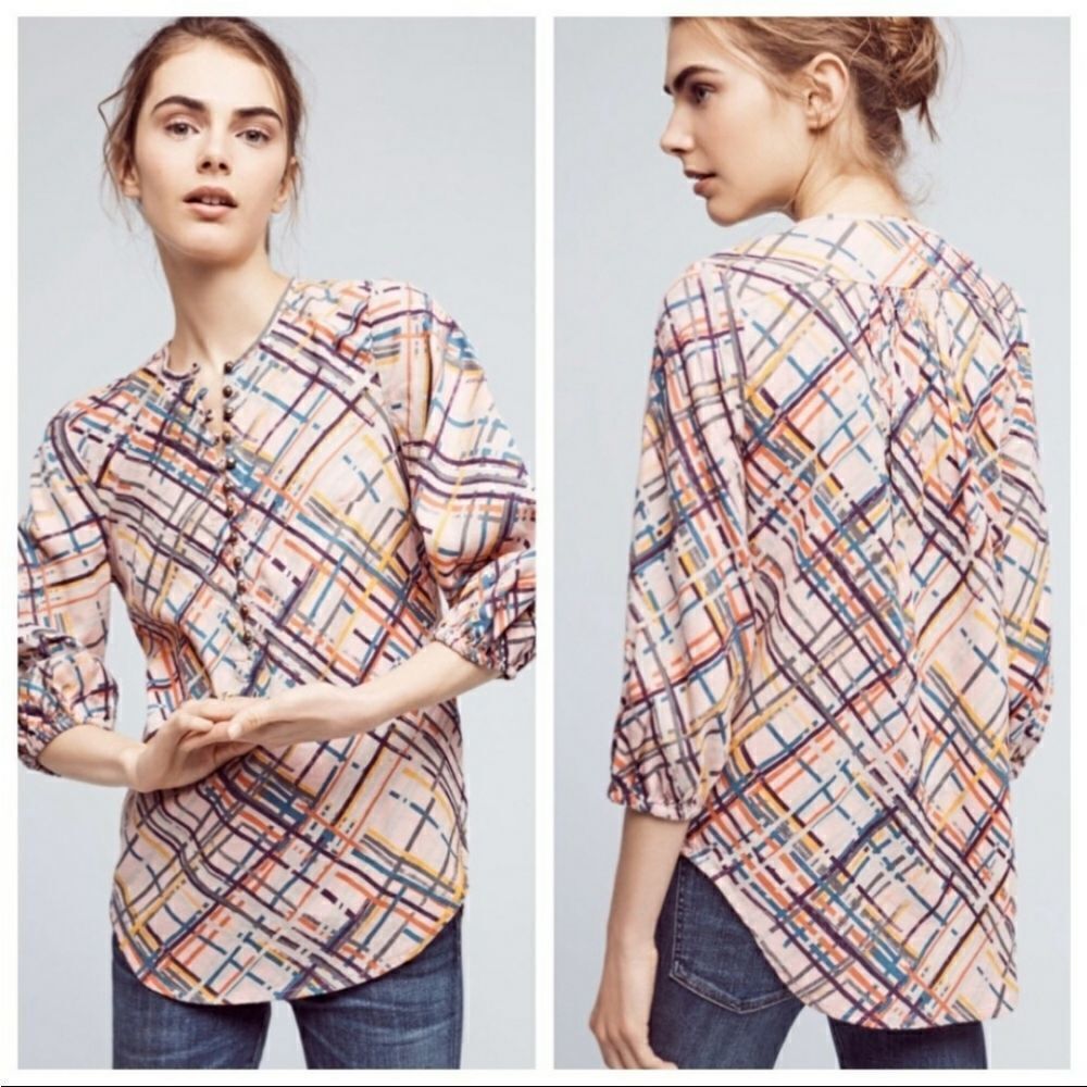 ANTHROPOLOGIE Maeve shirt Bethesda puff sleeve stripe flannel S